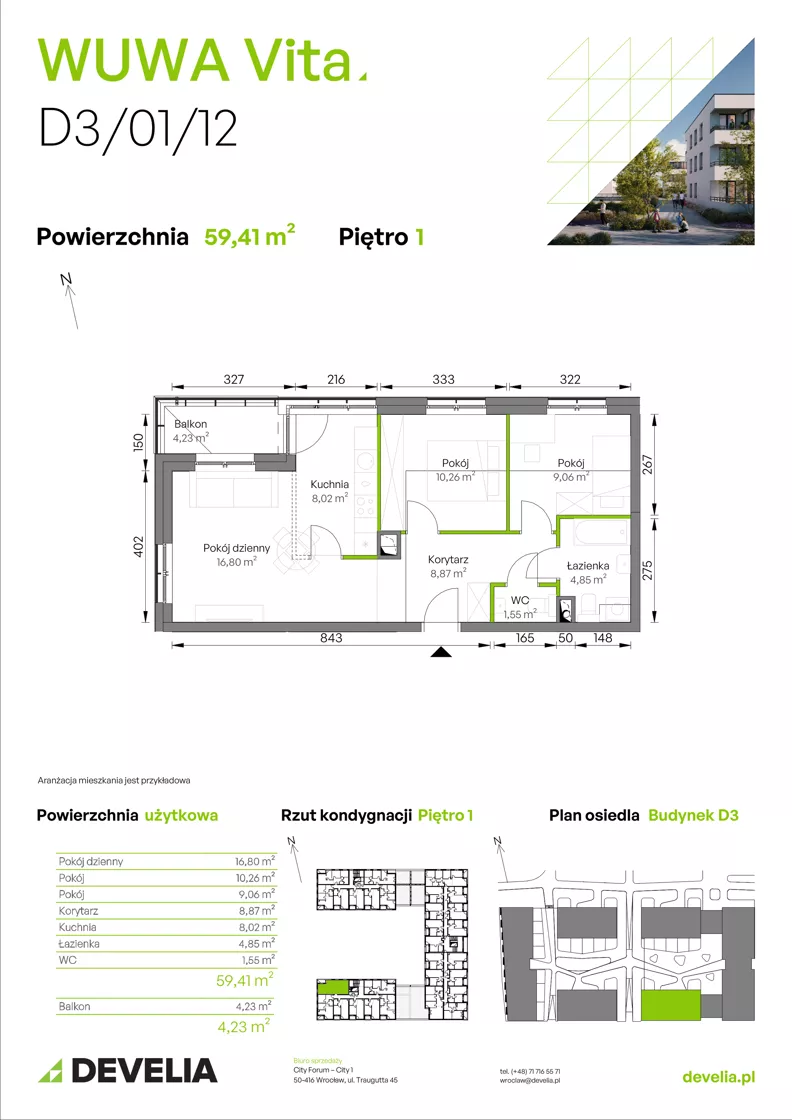 3 pokoje, mieszkanie 59,41 m², piętro 1, oferta nr D3/01/12, WUWA Vita III, Wrocław, Żerniki, Fabryczna, ul. Maya