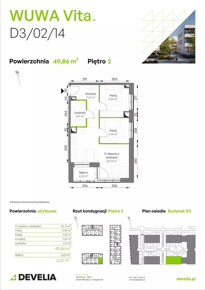3 pokoje, mieszkanie 49,86 m², piętro 2, oferta nr D3/02/14, WUWA Vita III, Wrocław, Żerniki, Fabryczna, ul. Maya
