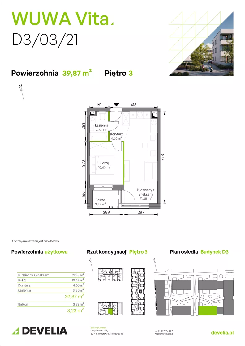 2 pokoje, mieszkanie 39,87 m², piętro 3, oferta nr D3/03/21, WUWA Vita III, Wrocław, Żerniki, Fabryczna, ul. Maya