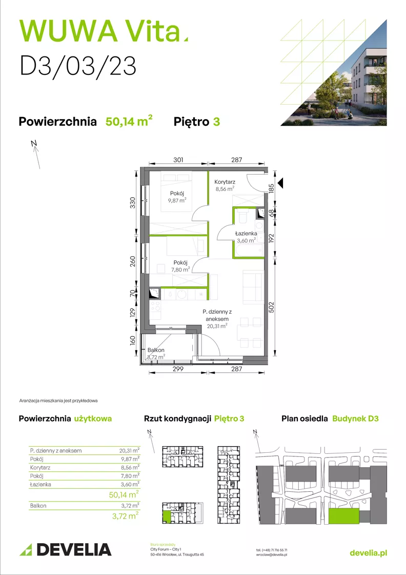 3 pokoje, mieszkanie 50,14 m², piętro 3, oferta nr D3/03/23, WUWA Vita III, Wrocław, Żerniki, Fabryczna, ul. Maya
