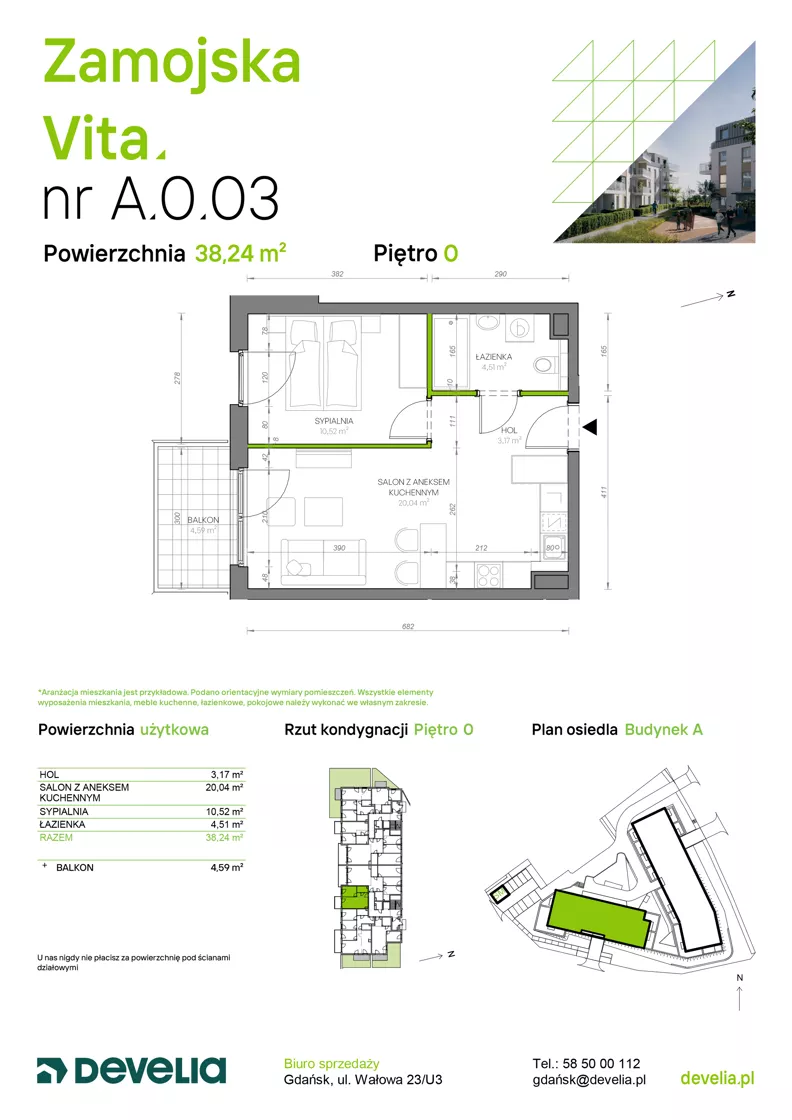 2 pokoje, mieszkanie 38,24 m², parter, oferta nr A.0.03, Zamojska Vita, Gdańsk, Ujeścisko-Łostowice, Ujeścisko, ul. Zamojska 11