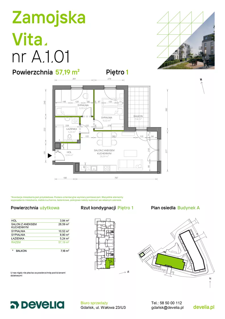 3 pokoje, mieszkanie 57,19 m², piętro 1, oferta nr A.1.01, Zamojska Vita, Gdańsk, Ujeścisko-Łostowice, Ujeścisko, ul. Zamojska 11