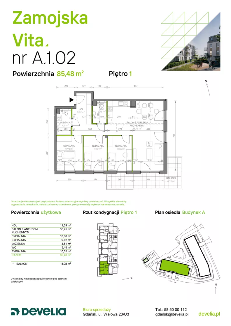 4 pokoje, mieszkanie 85,48 m², piętro 1, oferta nr A.1.02, Zamojska Vita, Gdańsk, Ujeścisko-Łostowice, Ujeścisko, ul. Zamojska 11