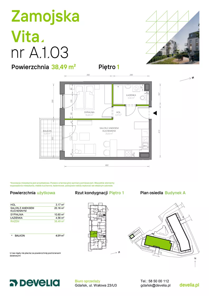 2 pokoje, mieszkanie 38,49 m², piętro 1, oferta nr A.1.03, Zamojska Vita, Gdańsk, Ujeścisko-Łostowice, Ujeścisko, ul. Zamojska 11