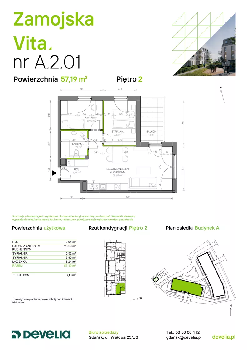 3 pokoje, mieszkanie 57,19 m², piętro 2, oferta nr A.2.01, Zamojska Vita, Gdańsk, Ujeścisko-Łostowice, Ujeścisko, ul. Zamojska 11