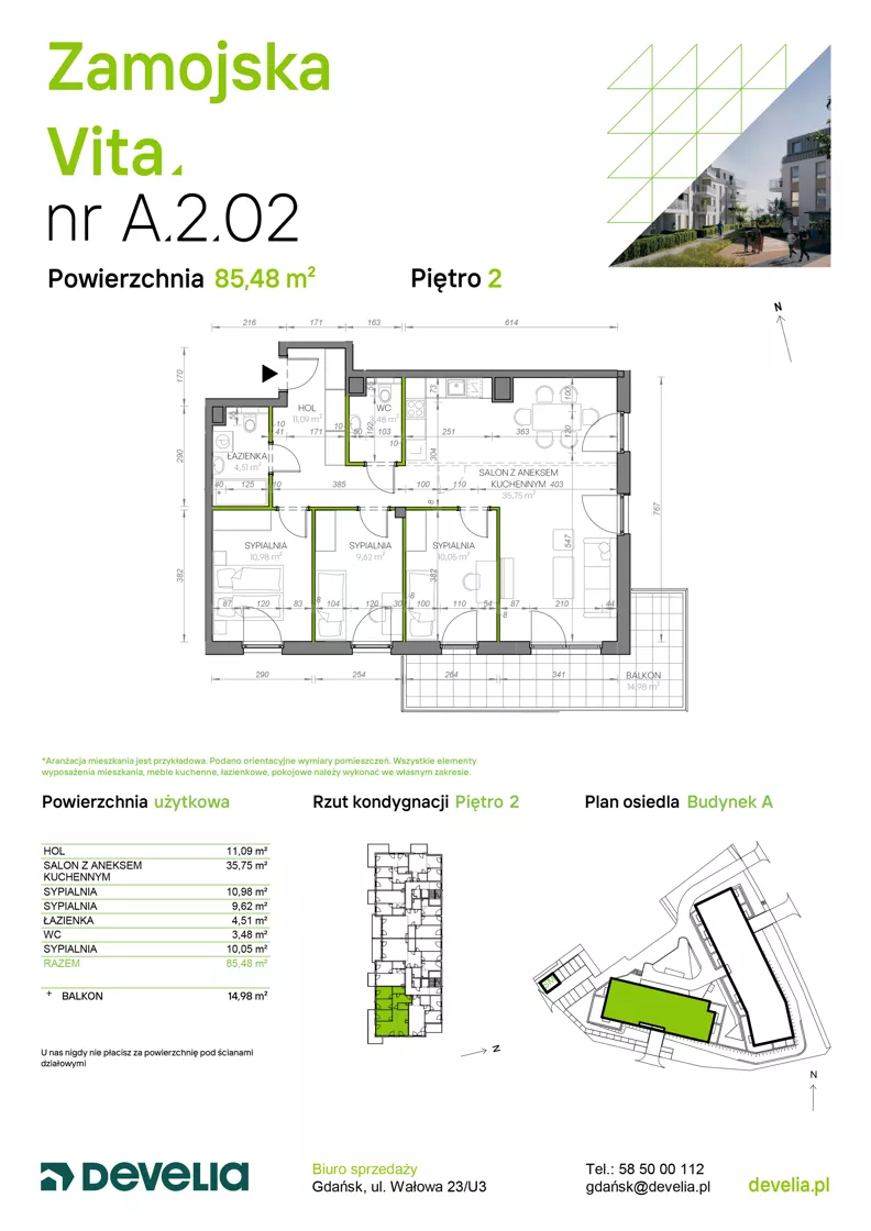 4 pokoje, mieszkanie 85,48 m², piętro 2, oferta nr A.2.02, Zamojska Vita, Gdańsk, Ujeścisko-Łostowice, Ujeścisko, ul. Zamojska 11
