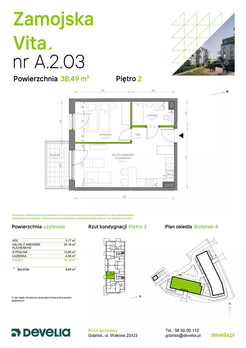 2 pokoje, mieszkanie 38,49 m², piętro 2, oferta nr A.2.03, Zamojska Vita, Gdańsk, Ujeścisko-Łostowice, Ujeścisko, ul. Zamojska 11