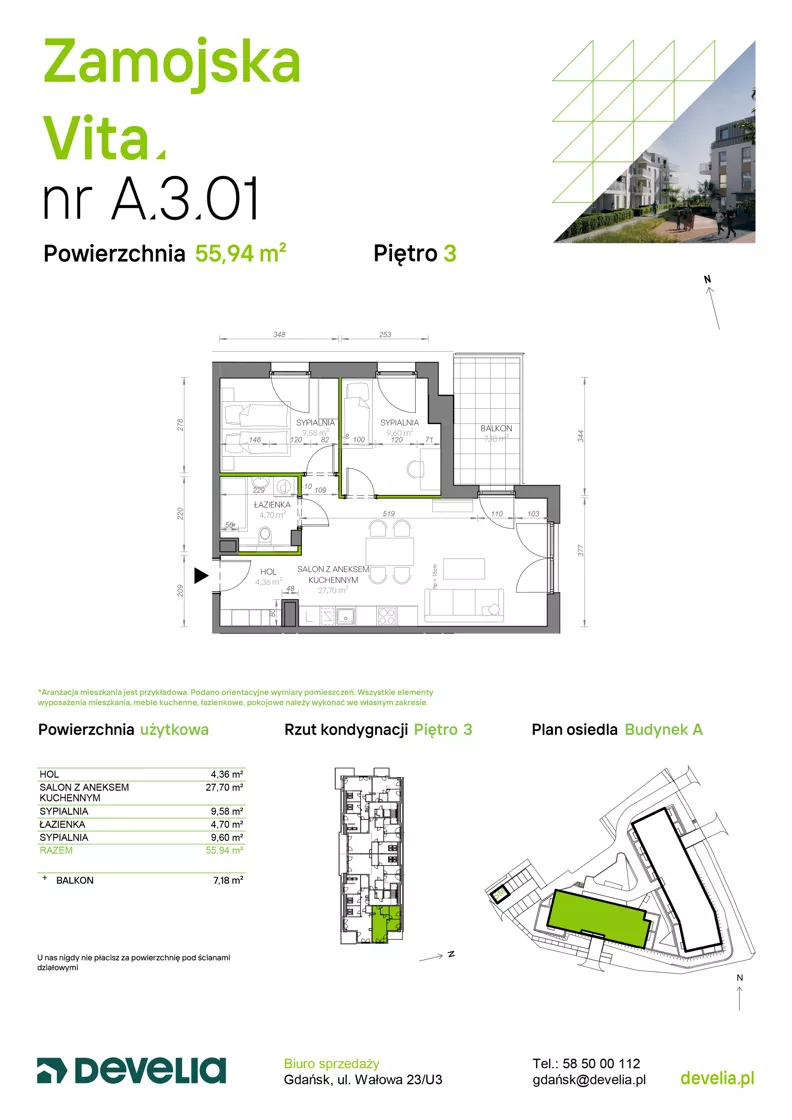 3 pokoje, mieszkanie 55,94 m², piętro 3, oferta nr A.3.01, Zamojska Vita, Gdańsk, Ujeścisko-Łostowice, Ujeścisko, ul. Zamojska 11
