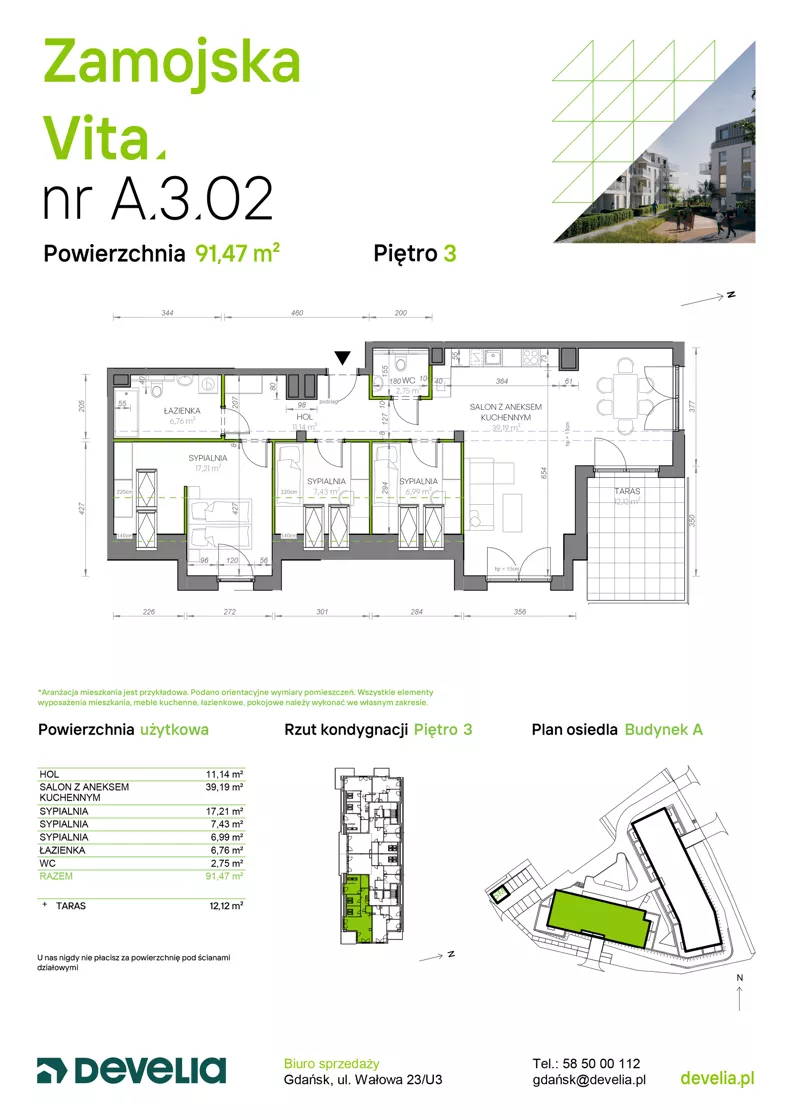 4 pokoje, mieszkanie 91,47 m², piętro 3, oferta nr A.3.02, Zamojska Vita, Gdańsk, Ujeścisko-Łostowice, Ujeścisko, ul. Zamojska 11