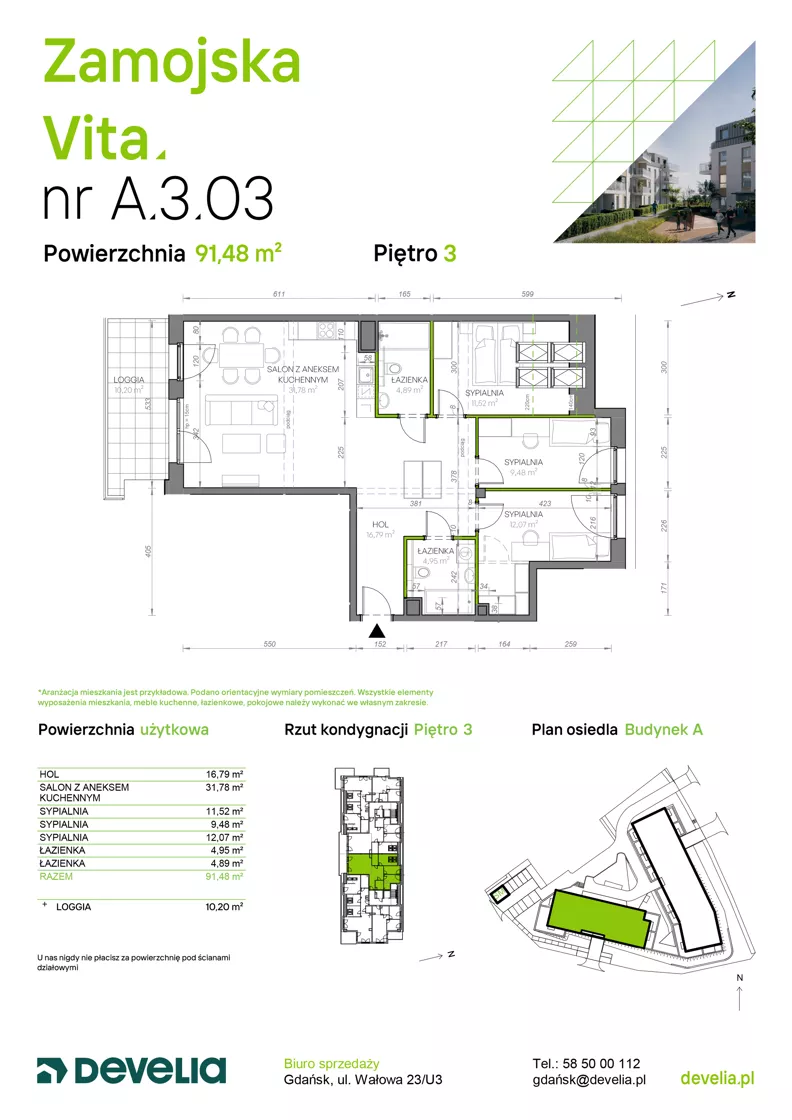 4 pokoje, mieszkanie 91,48 m², piętro 3, oferta nr A.3.03, Zamojska Vita, Gdańsk, Ujeścisko-Łostowice, Ujeścisko, ul. Zamojska 11