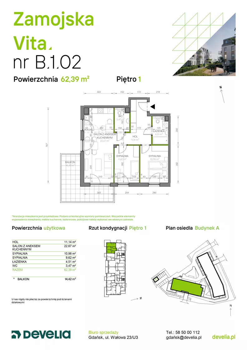 3 pokoje, mieszkanie 62,39 m², piętro 1, oferta nr B.1.02, Zamojska Vita, Gdańsk, Ujeścisko-Łostowice, Ujeścisko, ul. Zamojska 11