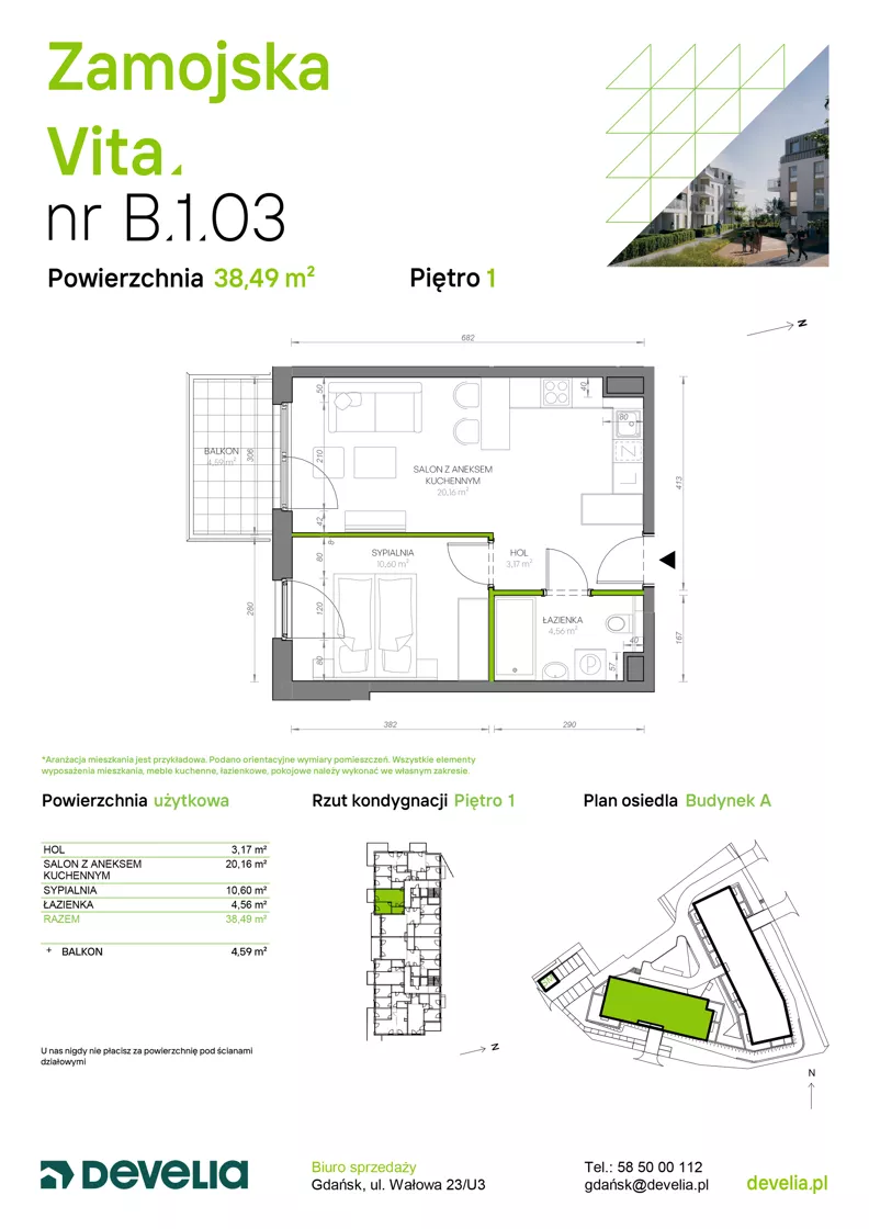 2 pokoje, mieszkanie 38,49 m², piętro 1, oferta nr B.1.03, Zamojska Vita, Gdańsk, Ujeścisko-Łostowice, Ujeścisko, ul. Zamojska 11