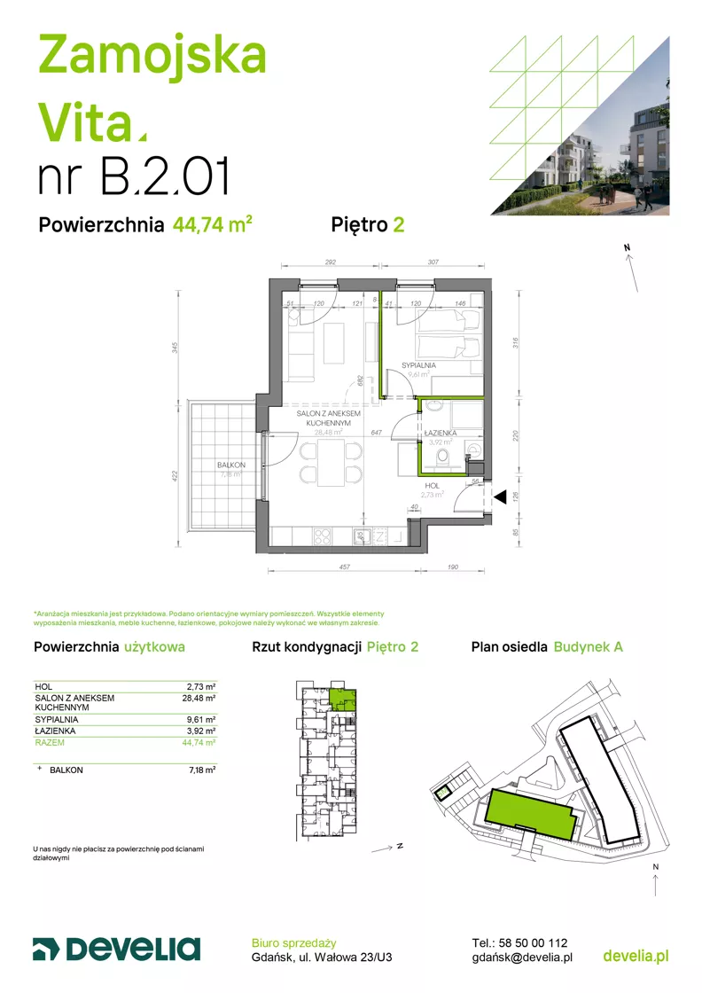 2 pokoje, mieszkanie 44,74 m², piętro 2, oferta nr B.2.01, Zamojska Vita, Gdańsk, Ujeścisko-Łostowice, Ujeścisko, ul. Zamojska 11