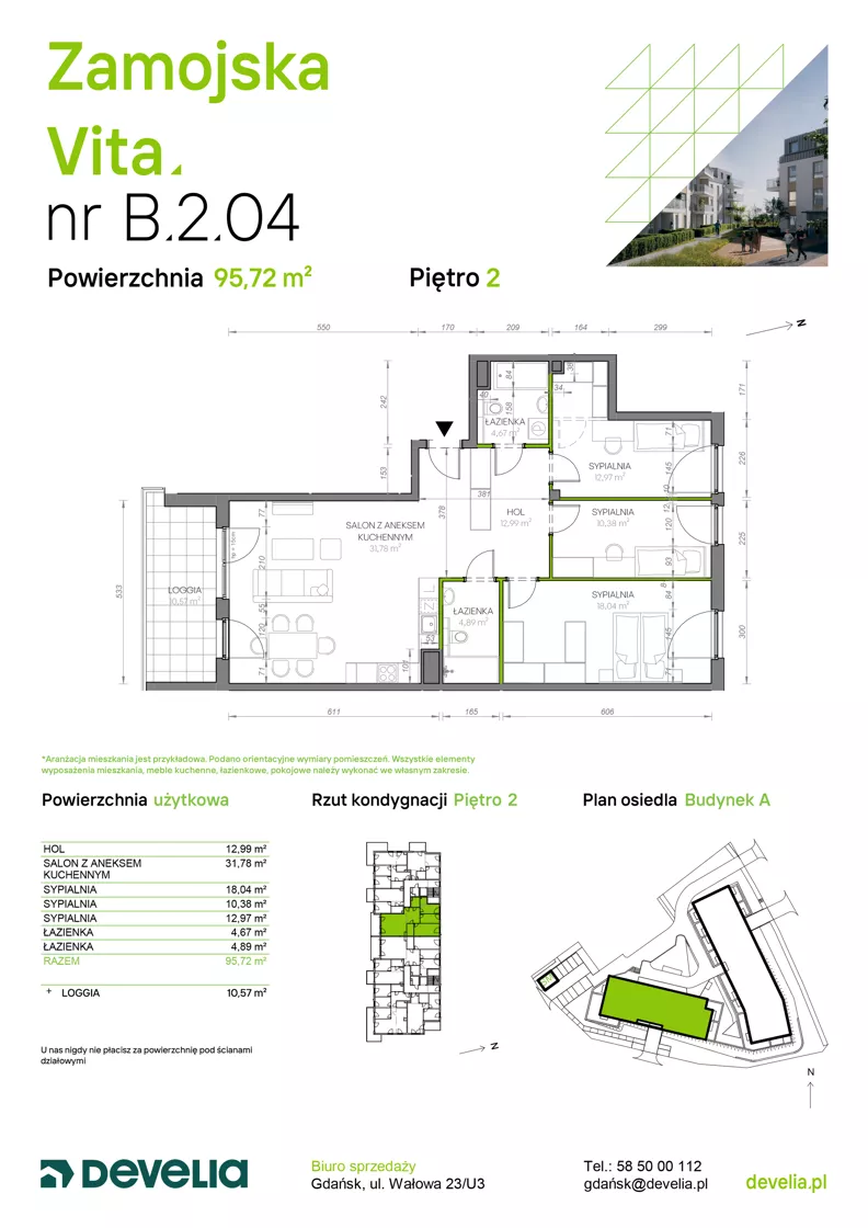 4 pokoje, mieszkanie 95,72 m², piętro 2, oferta nr B.2.04, Zamojska Vita, Gdańsk, Ujeścisko-Łostowice, Ujeścisko, ul. Zamojska 11