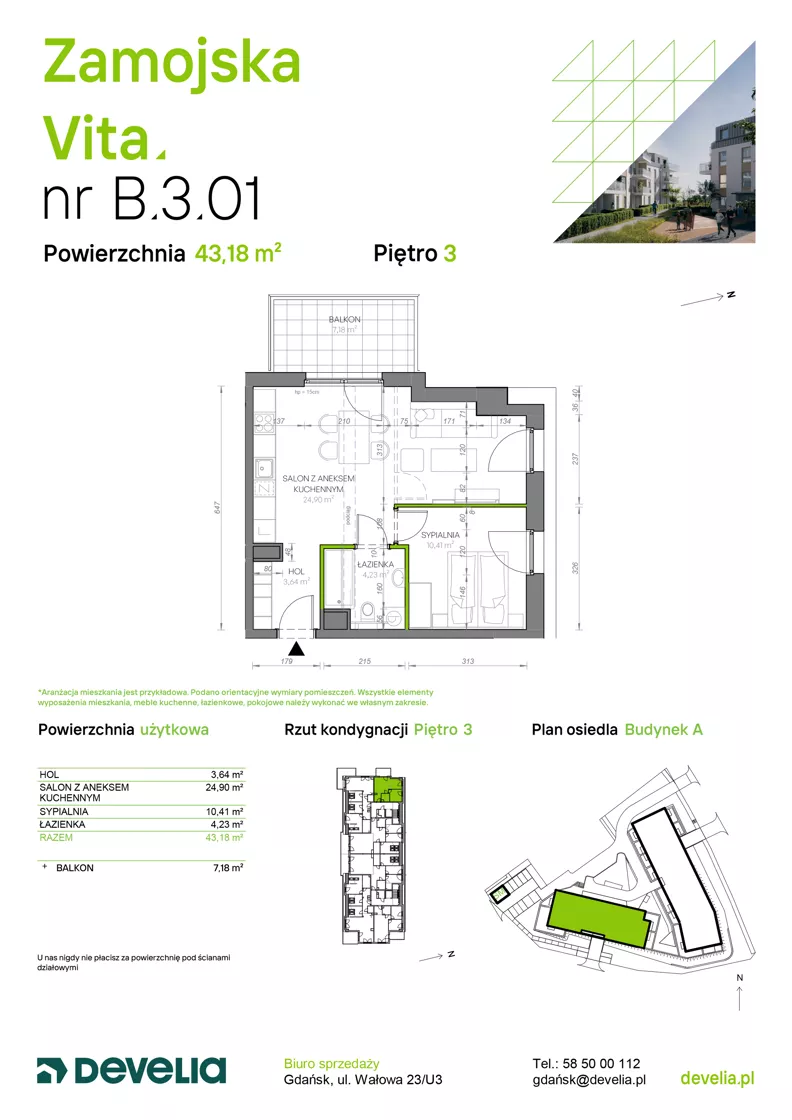 2 pokoje, mieszkanie 43,18 m², piętro 3, oferta nr B.3.01, Zamojska Vita, Gdańsk, Ujeścisko-Łostowice, Ujeścisko, ul. Zamojska 11