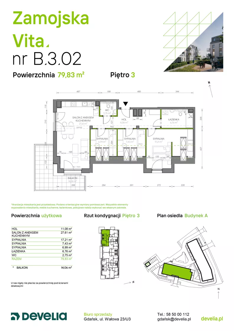 4 pokoje, mieszkanie 79,83 m², piętro 3, oferta nr B.3.02, Zamojska Vita, Gdańsk, Ujeścisko-Łostowice, Ujeścisko, ul. Zamojska 11