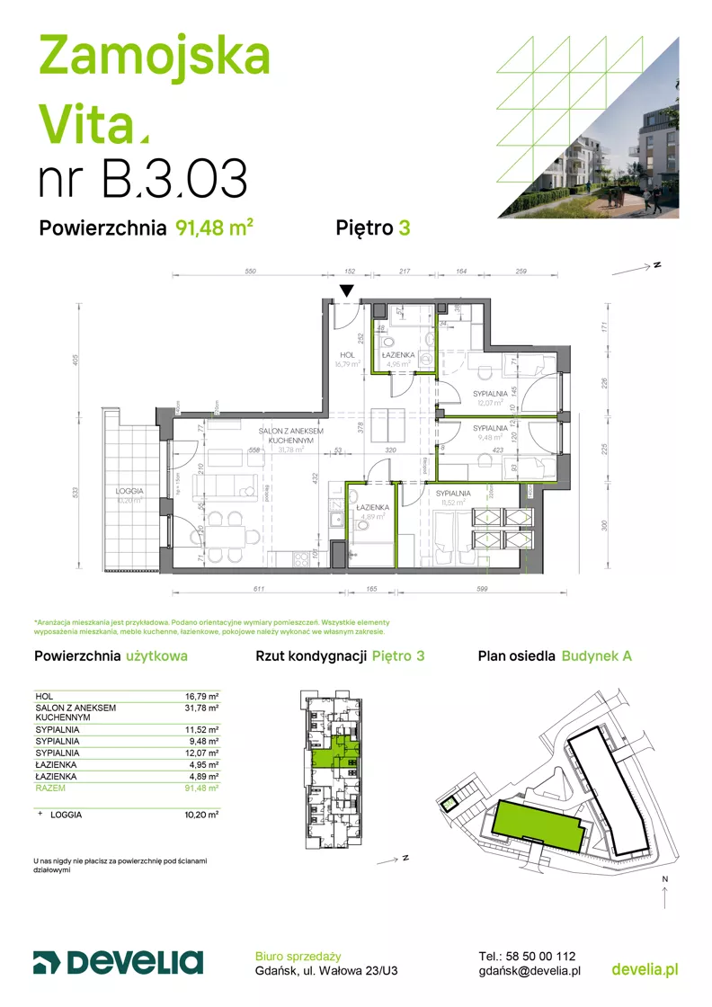4 pokoje, mieszkanie 91,48 m², piętro 3, oferta nr B.3.03, Zamojska Vita, Gdańsk, Ujeścisko-Łostowice, Ujeścisko, ul. Zamojska 11