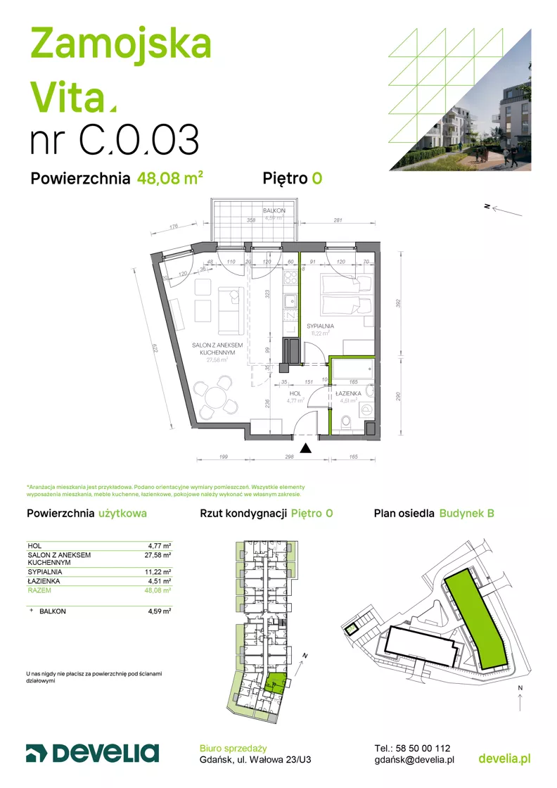 2 pokoje, mieszkanie 48,08 m², parter, oferta nr C.0.03, Zamojska Vita, Gdańsk, Ujeścisko-Łostowice, Ujeścisko, ul. Zamojska 11
