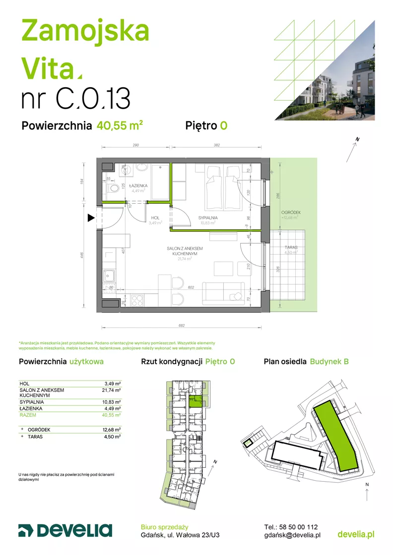 2 pokoje, mieszkanie 40,55 m², parter, oferta nr C.0.13, Zamojska Vita, Gdańsk, Ujeścisko-Łostowice, Ujeścisko, ul. Zamojska 11