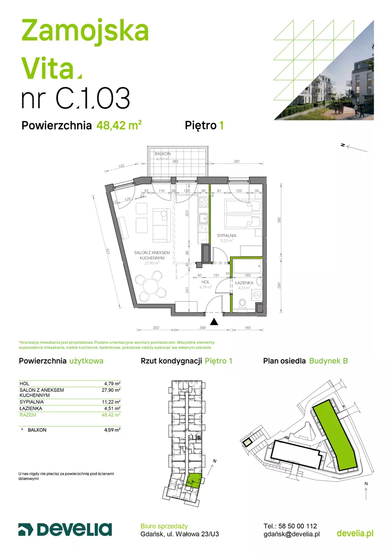 2 pokoje, mieszkanie 48,42 m², piętro 1, oferta nr C.1.03, Zamojska Vita, Gdańsk, Ujeścisko-Łostowice, Ujeścisko, ul. Zamojska 11