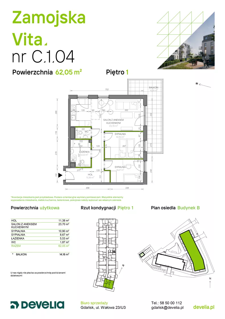 3 pokoje, mieszkanie 62,05 m², piętro 1, oferta nr C.1.04, Zamojska Vita, Gdańsk, Ujeścisko-Łostowice, Ujeścisko, ul. Zamojska 11