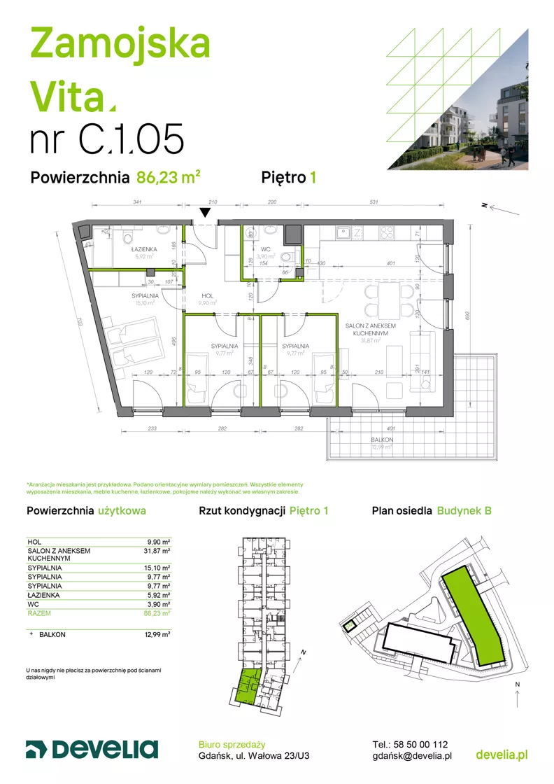 4 pokoje, mieszkanie 86,23 m², piętro 1, oferta nr C.1.05, Zamojska Vita, Gdańsk, Ujeścisko-Łostowice, Ujeścisko, ul. Zamojska 11