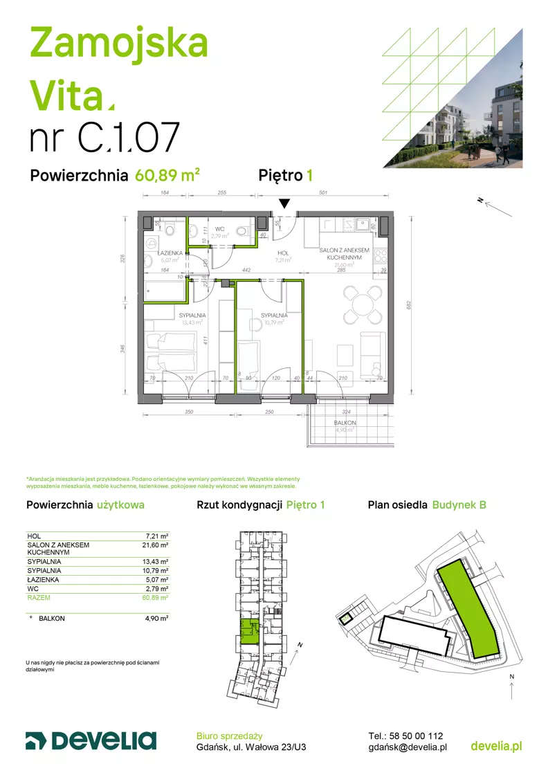 3 pokoje, mieszkanie 60,89 m², piętro 1, oferta nr C.1.07, Zamojska Vita, Gdańsk, Ujeścisko-Łostowice, Ujeścisko, ul. Zamojska 11