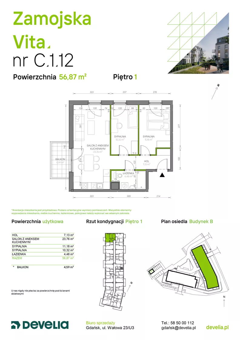 3 pokoje, mieszkanie 56,87 m², piętro 1, oferta nr C.1.12, Zamojska Vita, Gdańsk, Ujeścisko-Łostowice, Ujeścisko, ul. Zamojska 11