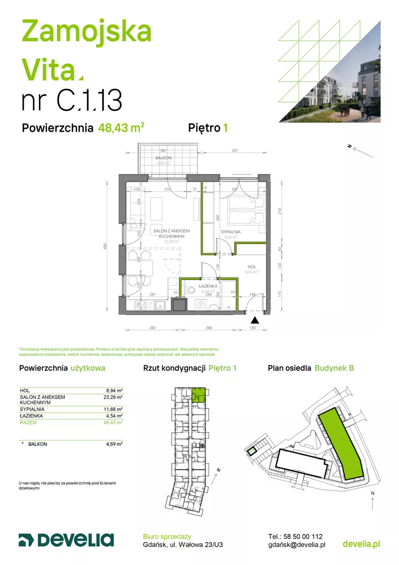 2 pokoje, mieszkanie 48,43 m², piętro 1, oferta nr C.1.13, Zamojska Vita, Gdańsk, Ujeścisko-Łostowice, Ujeścisko, ul. Zamojska 11