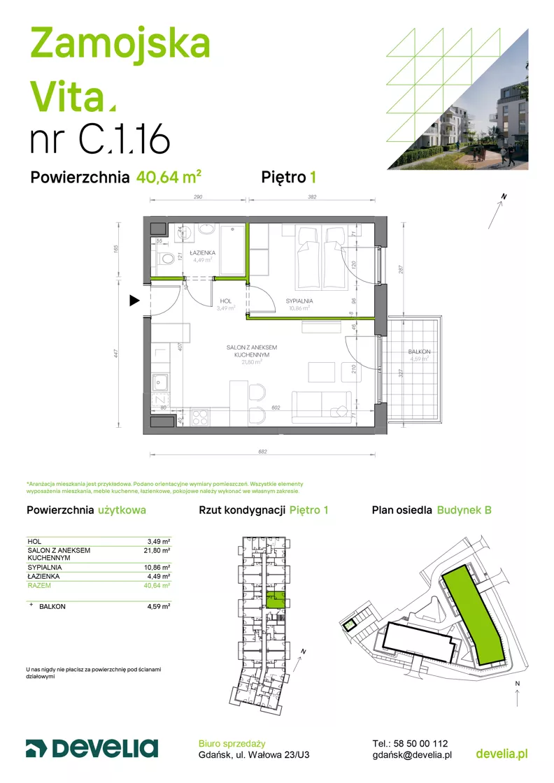 2 pokoje, mieszkanie 40,64 m², piętro 1, oferta nr C.1.16, Zamojska Vita, Gdańsk, Ujeścisko-Łostowice, Ujeścisko, ul. Zamojska 11