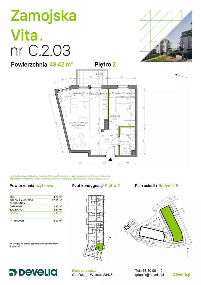 2 pokoje, mieszkanie 48,42 m², piętro 2, oferta nr C.2.03, Zamojska Vita, Gdańsk, Ujeścisko-Łostowice, Ujeścisko, ul. Zamojska 11