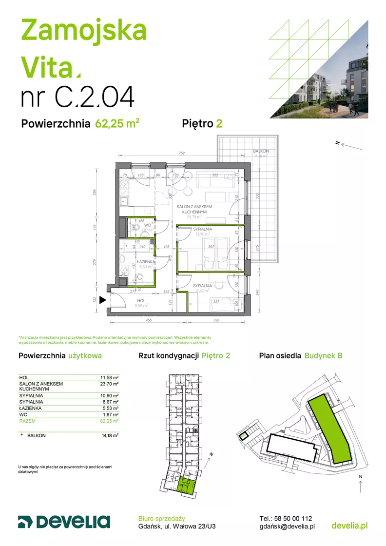 3 pokoje, mieszkanie 62,25 m², piętro 2, oferta nr C.2.04, Zamojska Vita, Gdańsk, Ujeścisko-Łostowice, Ujeścisko, ul. Zamojska 11