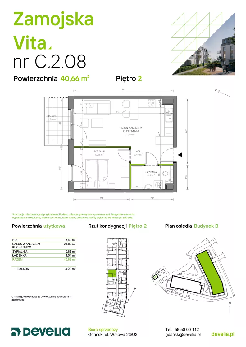 2 pokoje, mieszkanie 40,66 m², piętro 2, oferta nr C.2.08, Zamojska Vita, Gdańsk, Ujeścisko-Łostowice, Ujeścisko, ul. Zamojska 11