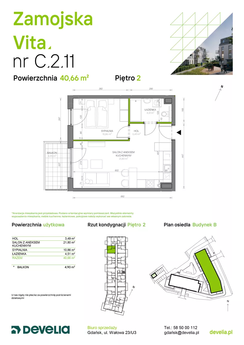 2 pokoje, mieszkanie 40,66 m², piętro 2, oferta nr C.2.11, Zamojska Vita, Gdańsk, Ujeścisko-Łostowice, Ujeścisko, ul. Zamojska 11