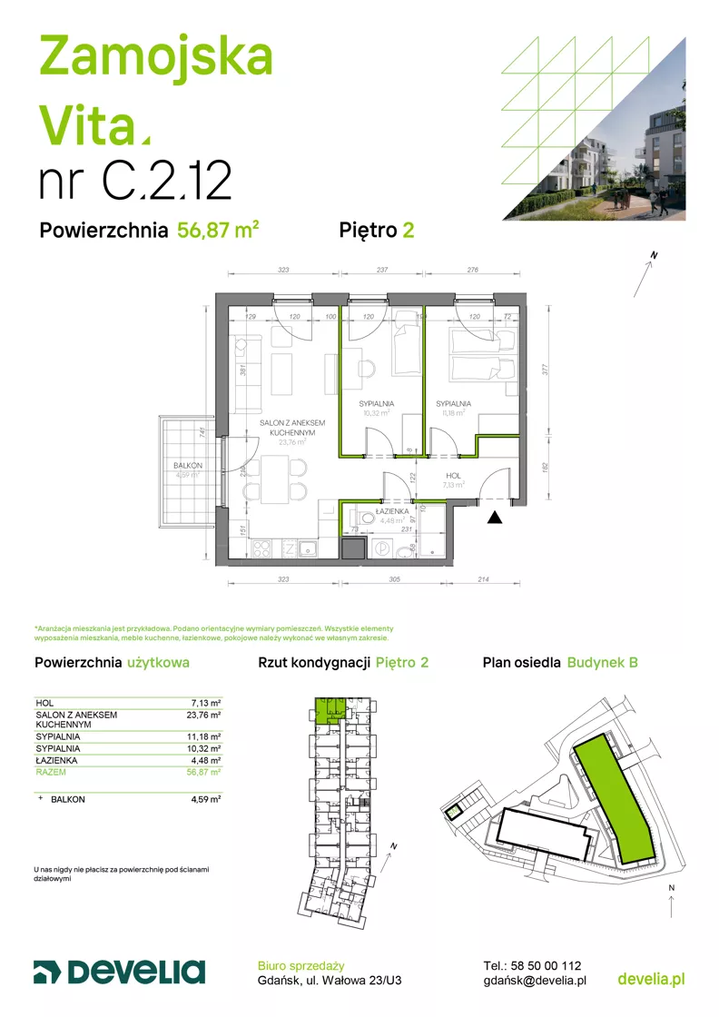 3 pokoje, mieszkanie 56,87 m², piętro 2, oferta nr C.2.12, Zamojska Vita, Gdańsk, Ujeścisko-Łostowice, Ujeścisko, ul. Zamojska 11