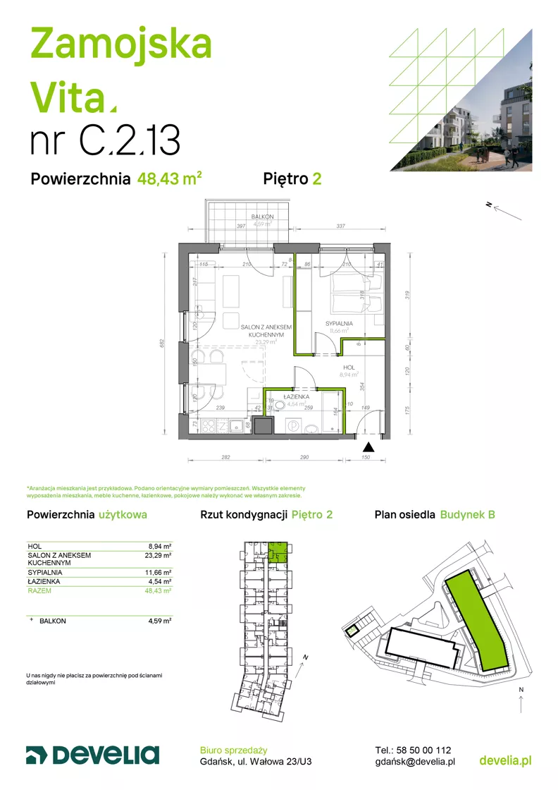 2 pokoje, mieszkanie 48,43 m², piętro 2, oferta nr C.2.13, Zamojska Vita, Gdańsk, Ujeścisko-Łostowice, Ujeścisko, ul. Zamojska 11