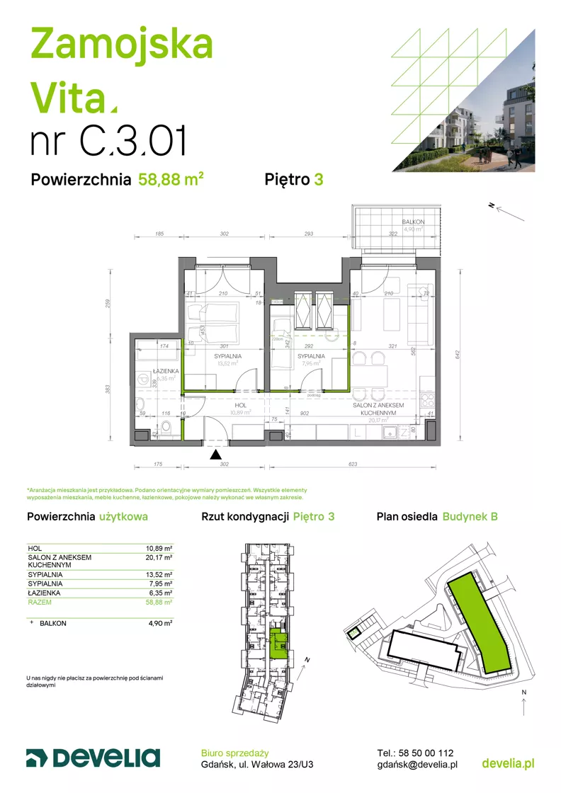 3 pokoje, mieszkanie 58,88 m², piętro 3, oferta nr C.3.01, Zamojska Vita, Gdańsk, Ujeścisko-Łostowice, Ujeścisko, ul. Zamojska 11