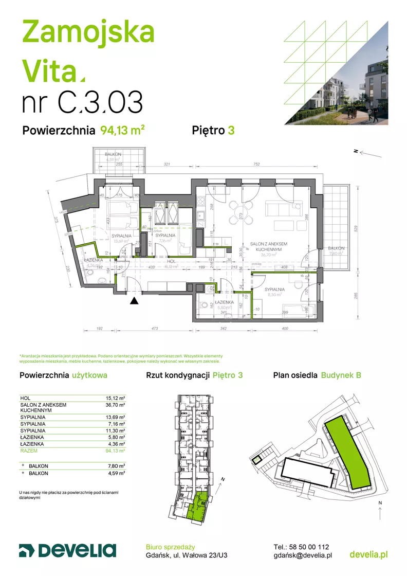4 pokoje, mieszkanie 94,13 m², piętro 3, oferta nr C.3.03, Zamojska Vita, Gdańsk, Ujeścisko-Łostowice, Ujeścisko, ul. Zamojska 11