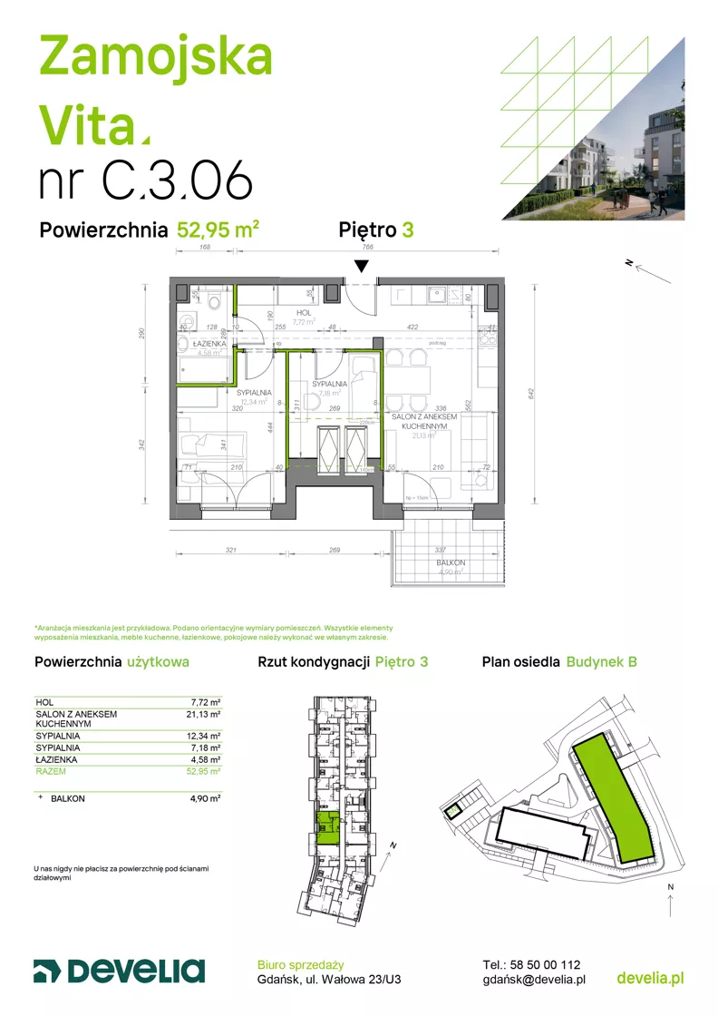 3 pokoje, mieszkanie 52,95 m², piętro 3, oferta nr C.3.06, Zamojska Vita, Gdańsk, Ujeścisko-Łostowice, Ujeścisko, ul. Zamojska 11