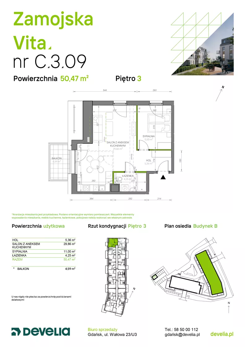2 pokoje, mieszkanie 50,47 m², piętro 3, oferta nr C.3.09, Zamojska Vita, Gdańsk, Ujeścisko-Łostowice, Ujeścisko, ul. Zamojska 11