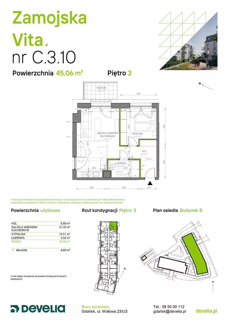 2 pokoje, mieszkanie 45,06 m², piętro 3, oferta nr C.3.10, Zamojska Vita, Gdańsk, Ujeścisko-Łostowice, Ujeścisko, ul. Zamojska 11