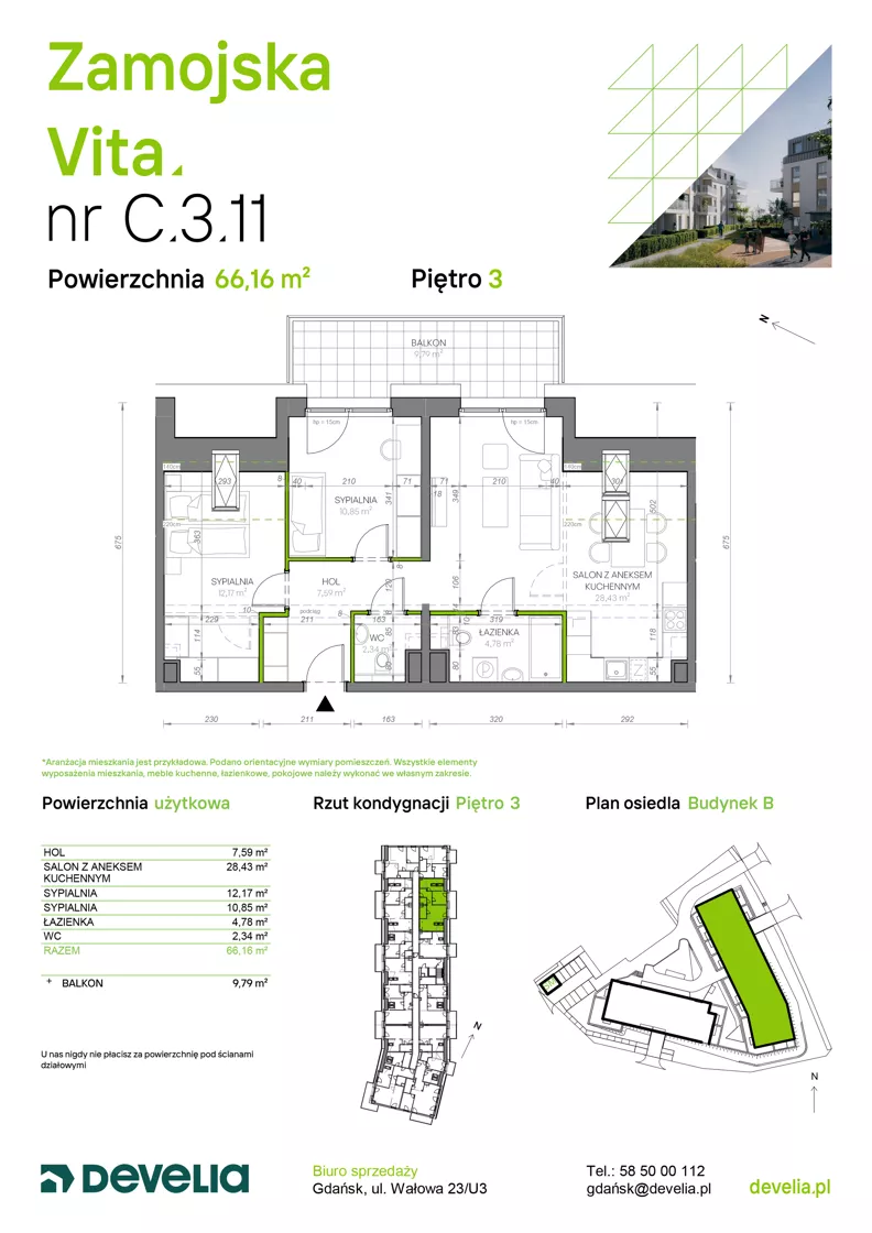 3 pokoje, mieszkanie 66,16 m², piętro 3, oferta nr C.3.11, Zamojska Vita, Gdańsk, Ujeścisko-Łostowice, Ujeścisko, ul. Zamojska 11