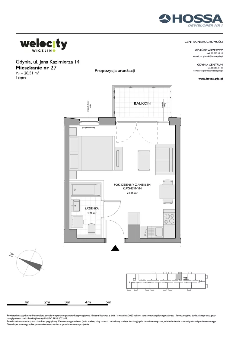 1 pokój, mieszkanie 28,51 m², piętro 1, oferta nr WW/JK14/27, Welocity Wiczlino, Gdynia, Chwarzno-Wiczlino, ul. Jana Kazimierza