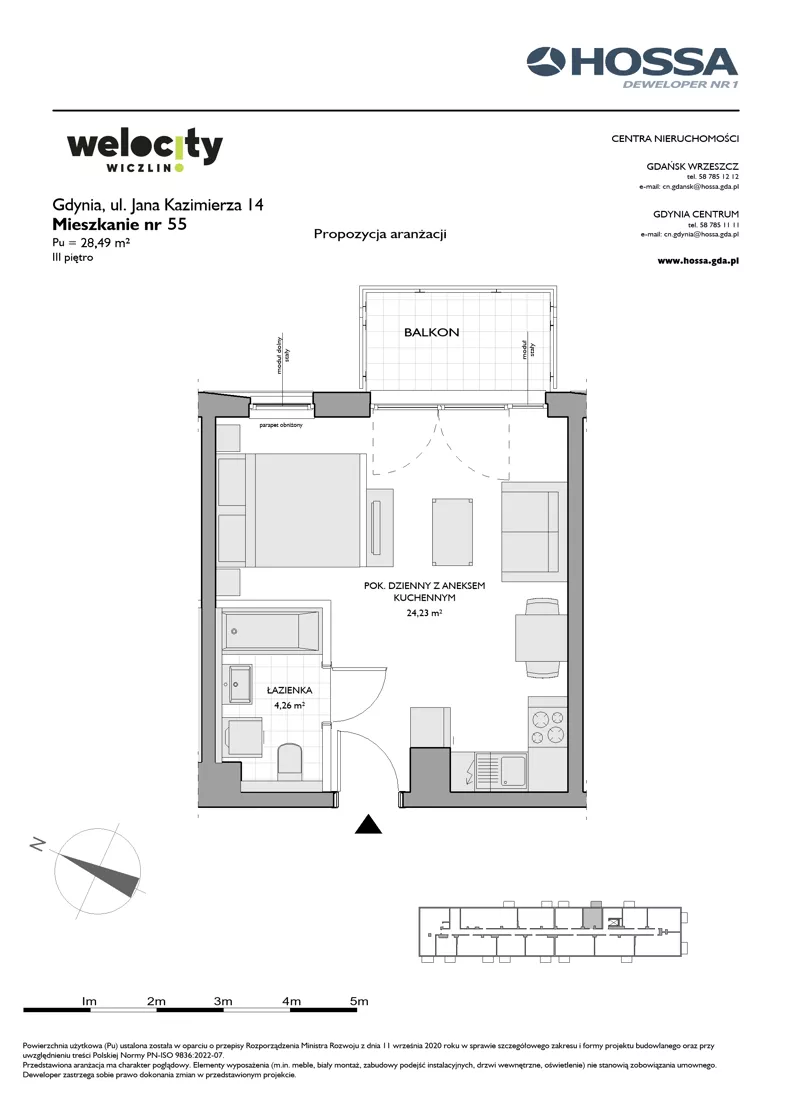 1 pokój, mieszkanie 28,49 m², piętro 3, oferta nr WW/JK14/55, Welocity Wiczlino, Gdynia, Chwarzno-Wiczlino, ul. Jana Kazimierza