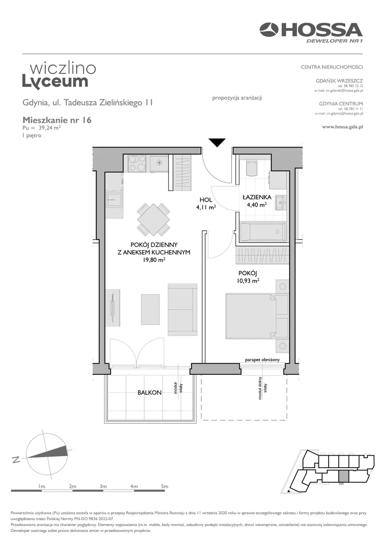 2 pokoje, mieszkanie 39,24 m², piętro 1, oferta nr WL/Z11/16, Wiczlino Lyceum, Gdynia, Chwarzno-Wiczlino, Wiczlino, ul. Danusi 31