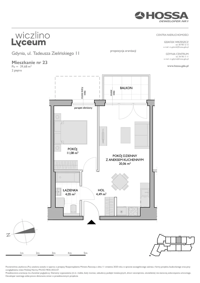 2 pokoje, mieszkanie 39,68 m², piętro 2, oferta nr WL/Z11/23, Wiczlino Lyceum, Gdynia, Chwarzno-Wiczlino, Wiczlino, ul. Danusi 31