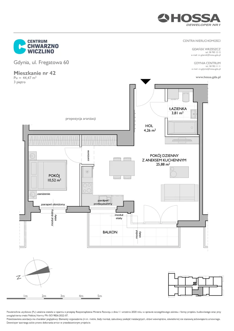 2 pokoje, mieszkanie 44,47 m², piętro 3, oferta nr F60/42, Centrum Chwarzno - Wiczlino , Gdynia, Chwarzno-Wiczlino, ul. Fregatowa