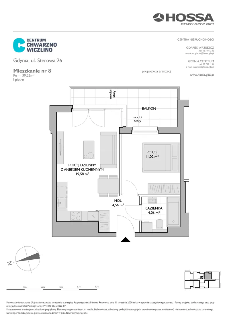 2 pokoje, mieszkanie 39,22 m², piętro 1, oferta nr CCW/S26/8, Centrum Chwarzno - Wiczlino , Gdynia, Chwarzno-Wiczlino, ul. Fregatowa