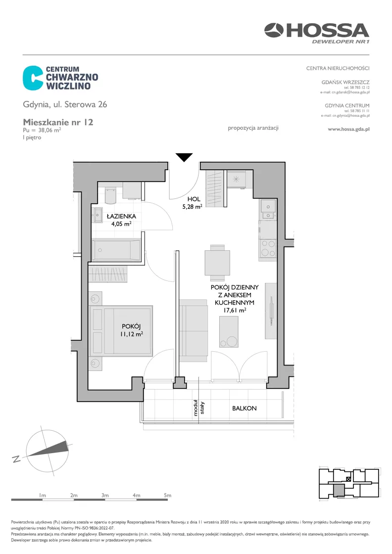 2 pokoje, mieszkanie 38,06 m², piętro 1, oferta nr CCW/S26/12, Centrum Chwarzno - Wiczlino , Gdynia, Chwarzno-Wiczlino, ul. Fregatowa