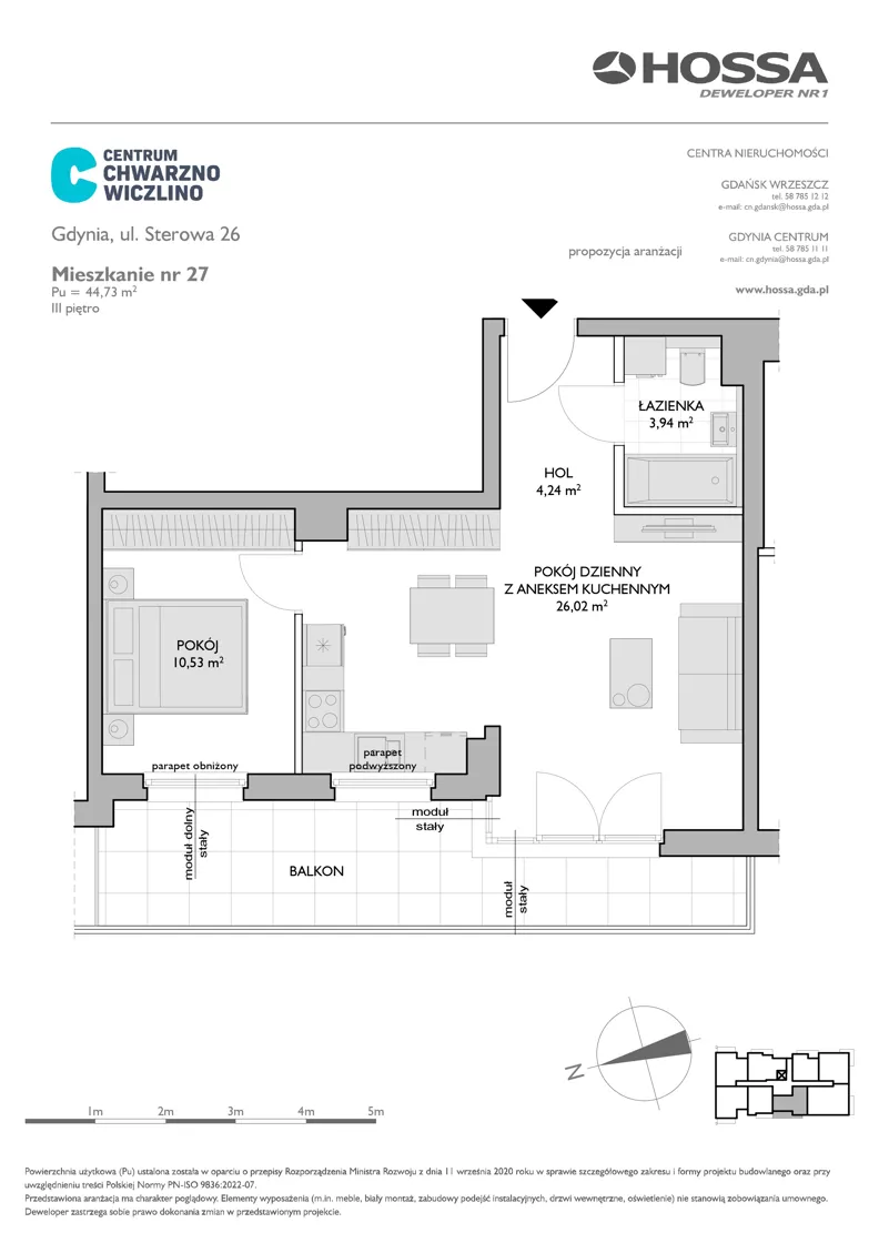 2 pokoje, mieszkanie 44,73 m², piętro 3, oferta nr CCW/S26/27, Centrum Chwarzno - Wiczlino , Gdynia, Chwarzno-Wiczlino, ul. Fregatowa